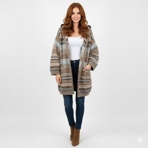 POL Cardigan Women‎ M Fits 2X Brown Tribal Fair Isle Boho Oversized Cottagecore